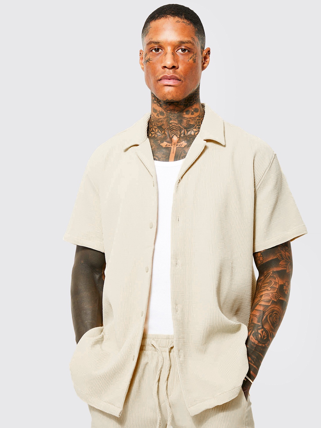 

boohooMAN Opaque Casual Oversized Pleated Shirt, Beige
