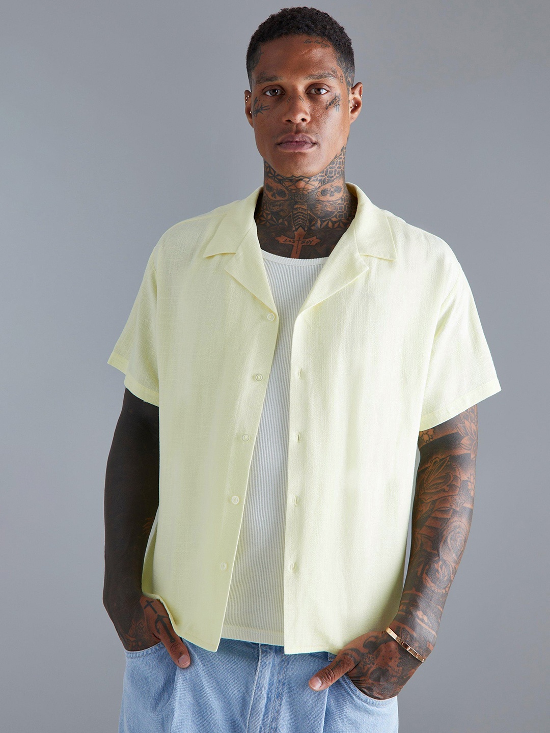 

boohooMAN Short Sleeves Cuban Collar Boxy Fit Casual Shirt, Cream