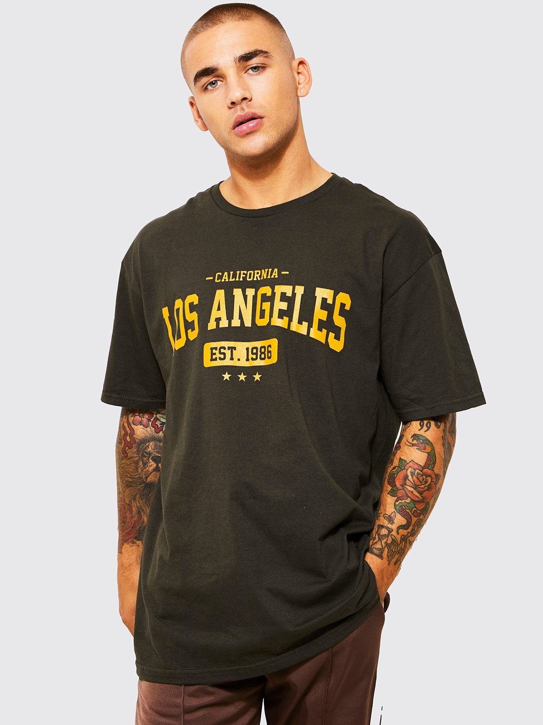 

boohooMAN Printed Pure Cotton Oversized T-shirt, Coffee brown
