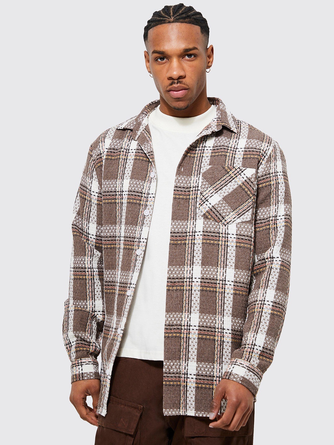 

boohooMAN Tartan Checked Tweed Longline Shirt, Brown