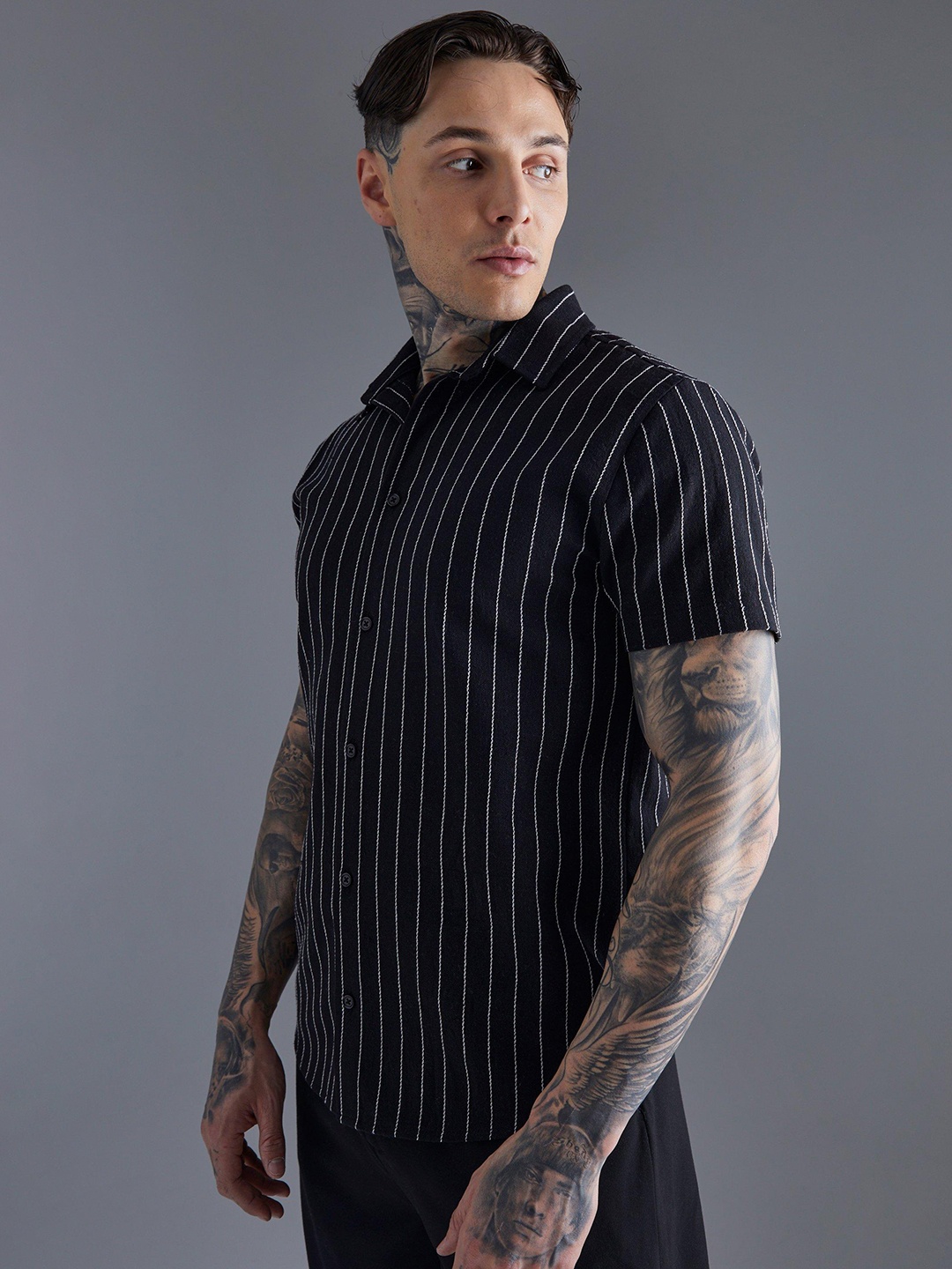

boohooMAN Striped Casual Shirt, Navy blue