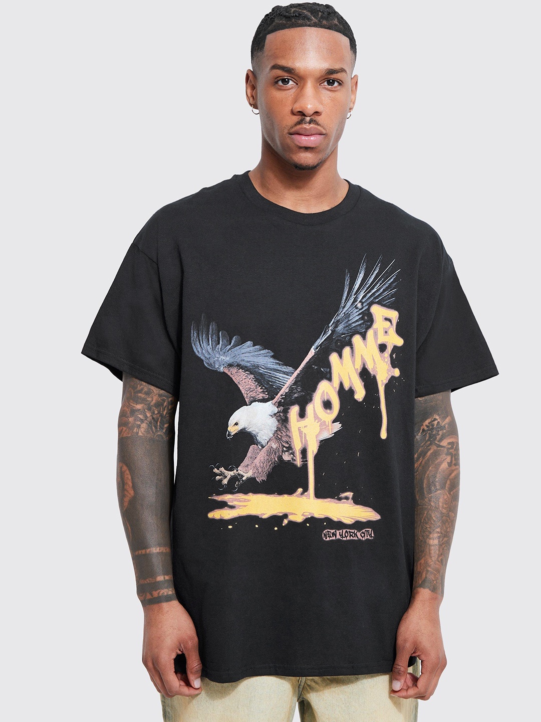 

boohooMAN Graphic Printed Pure Cotton Oversized T-shirt, Black