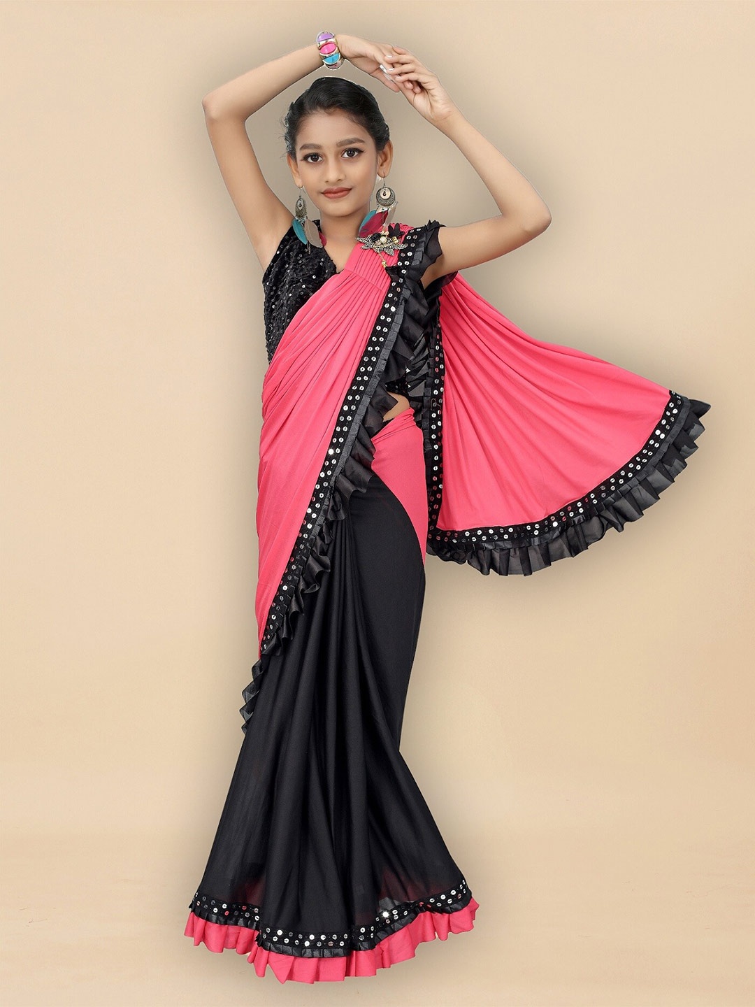 

APNISHA Girls Sequinned Ready to Wear Saree, Pink