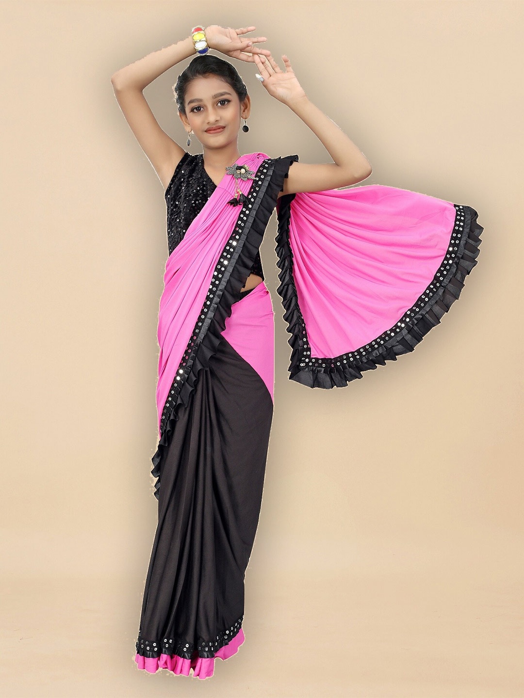 

APNISHA Girls Sequinned Ready to Wear Saree, Pink
