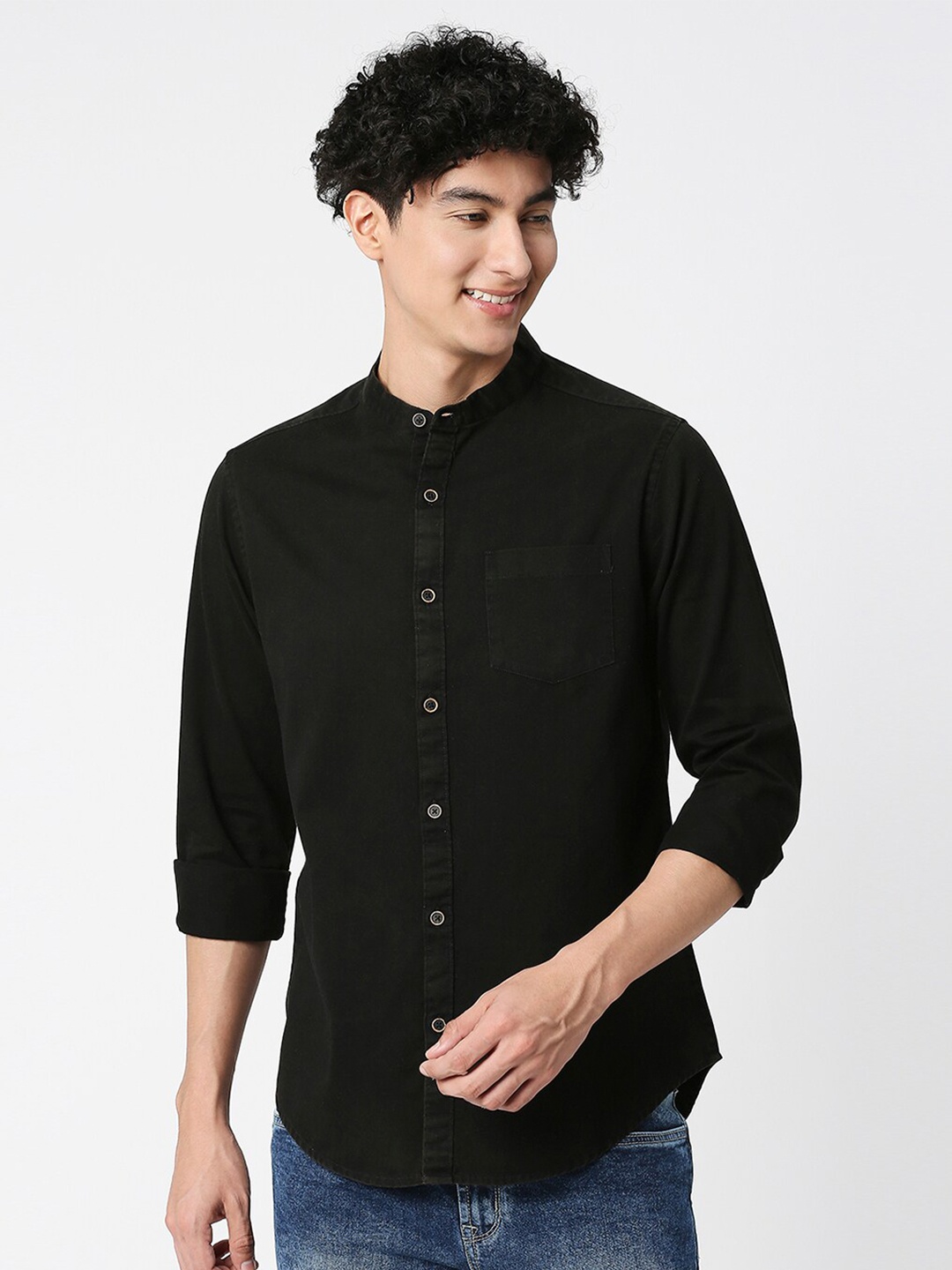 

VALEN CLUB Slim Fit Mandarin Collar Opaque Pure Cotton Casual Shirt, Black