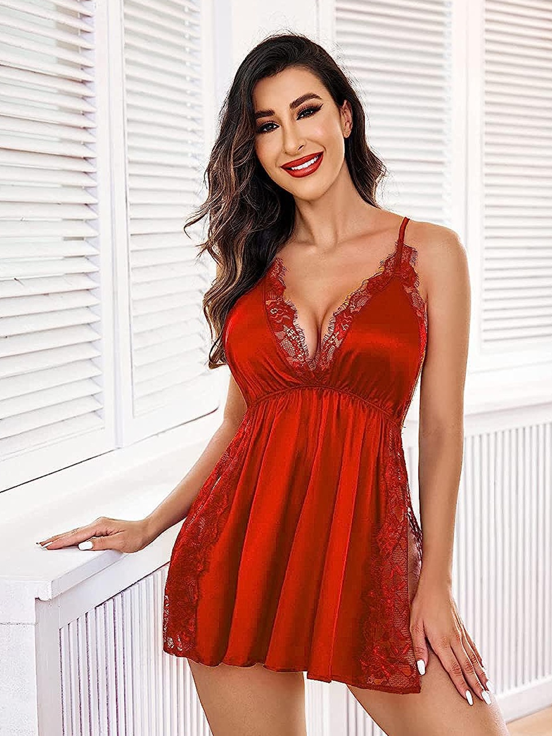 

Herryqeal Lace Detail Self Design Satin Baby Doll, Red