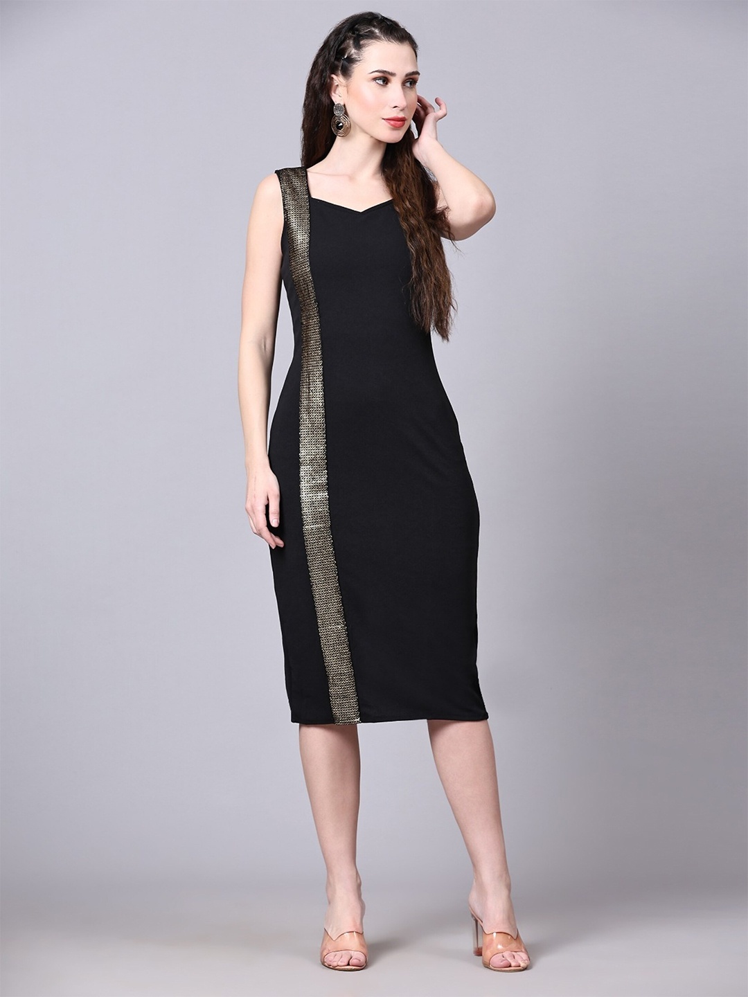 

UDBHAV TEXTILE Square Neck Sheath Midi Dress, Black