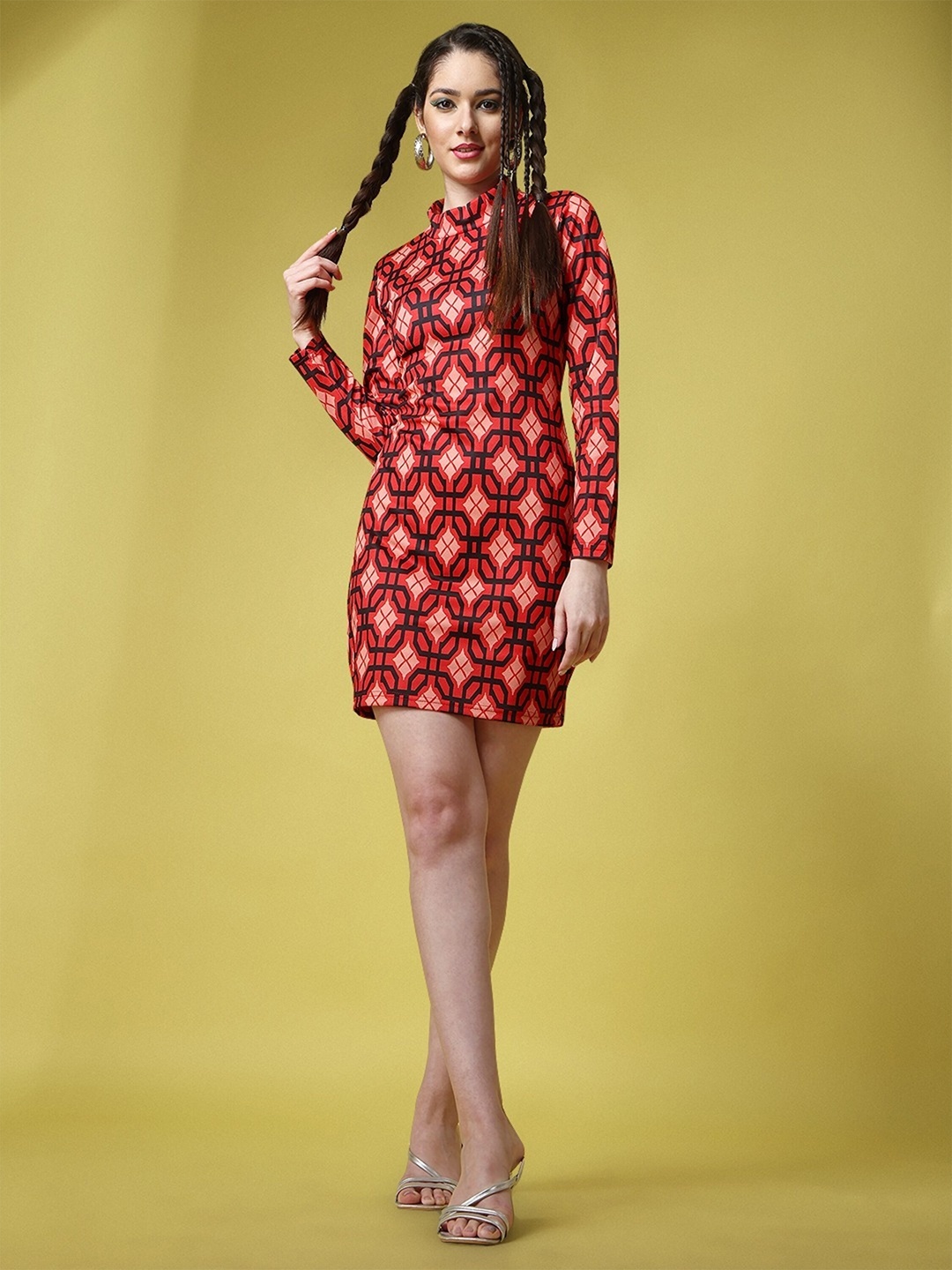 

UDBHAV TEXTILE Geometric Printed High Sheath Mini Dress, Red