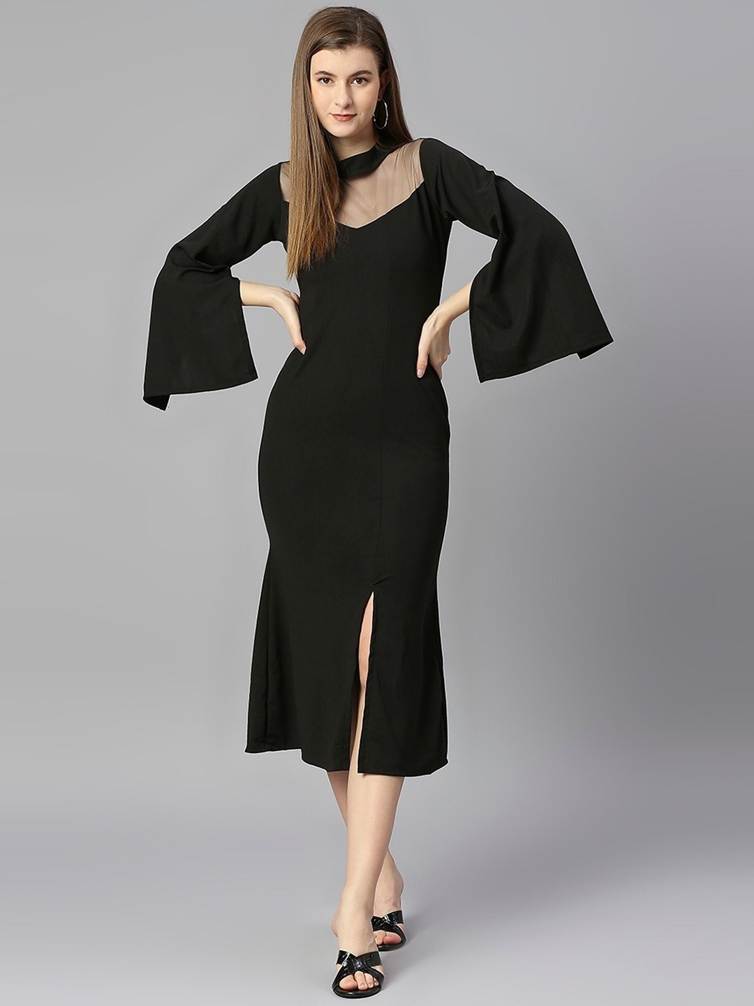 

UDBHAV TEXTILE High Neck Flared Sleeve Cotton A-Line Midi Dress, Black