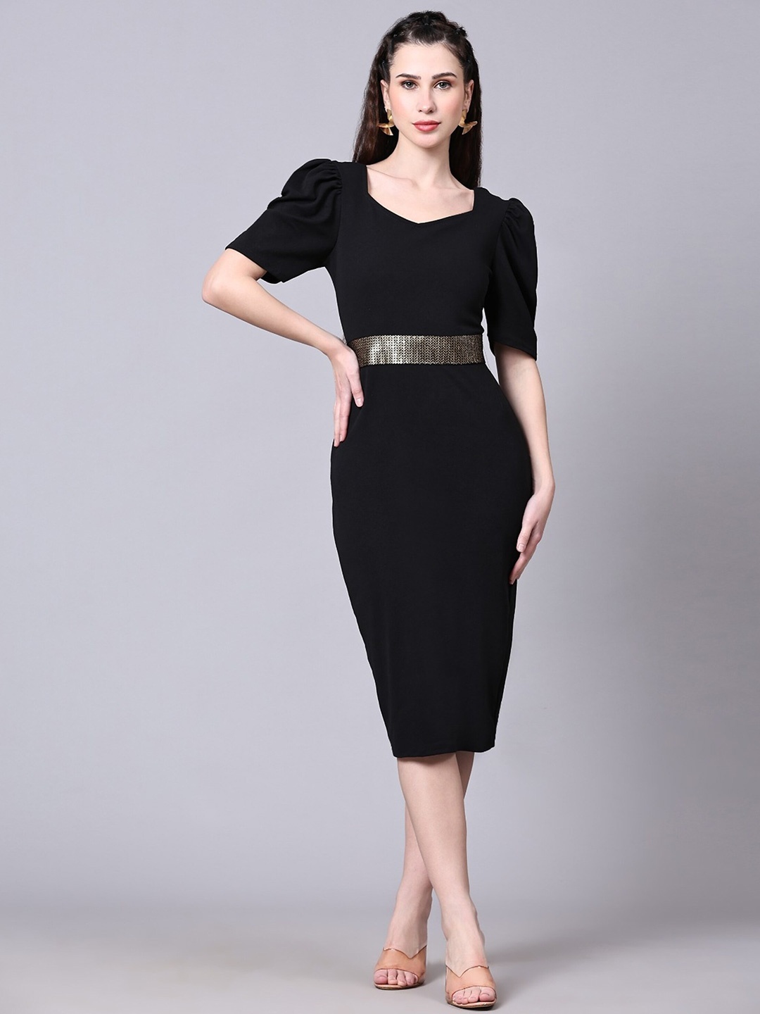 

UDBHAV TEXTILE Puff Sleeve Bodycon Midi Dress, Black