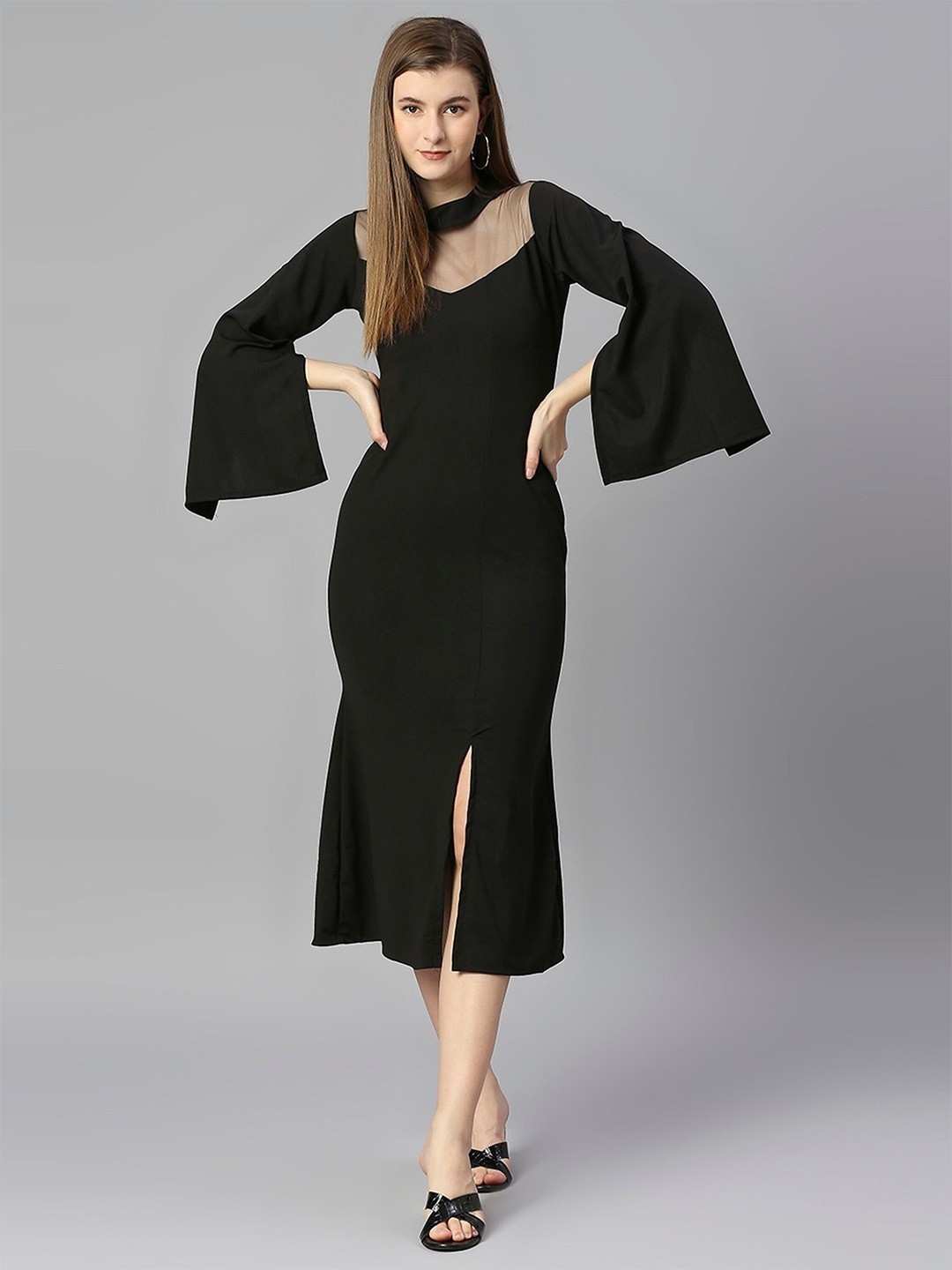 

UDBHAV TEXTILE High Neck Sheath Midi Dress, Black