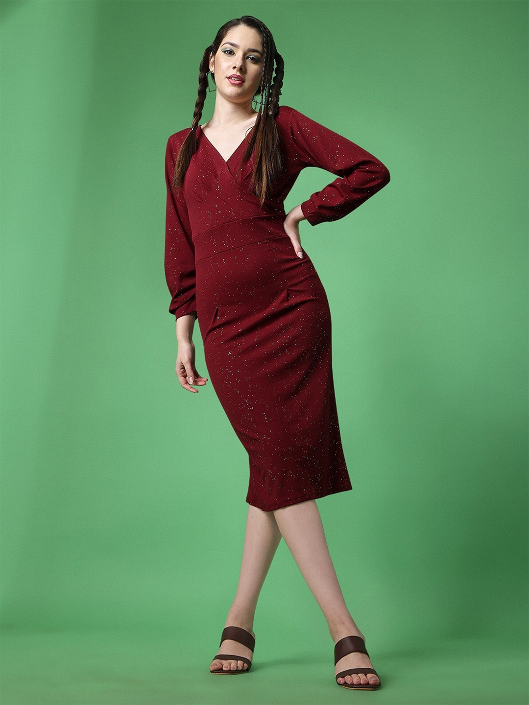 

UDBHAV TEXTILE V-Neck Sparkle Sheath Midi Dress, Maroon