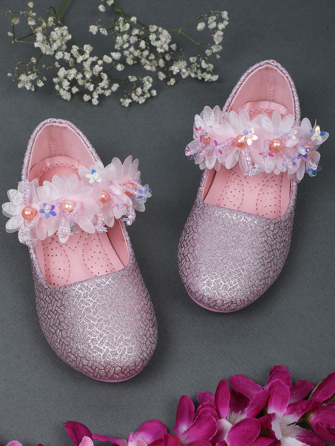 

Baby Moo Girls Embellished Round Toe Ballerinas, Rose gold