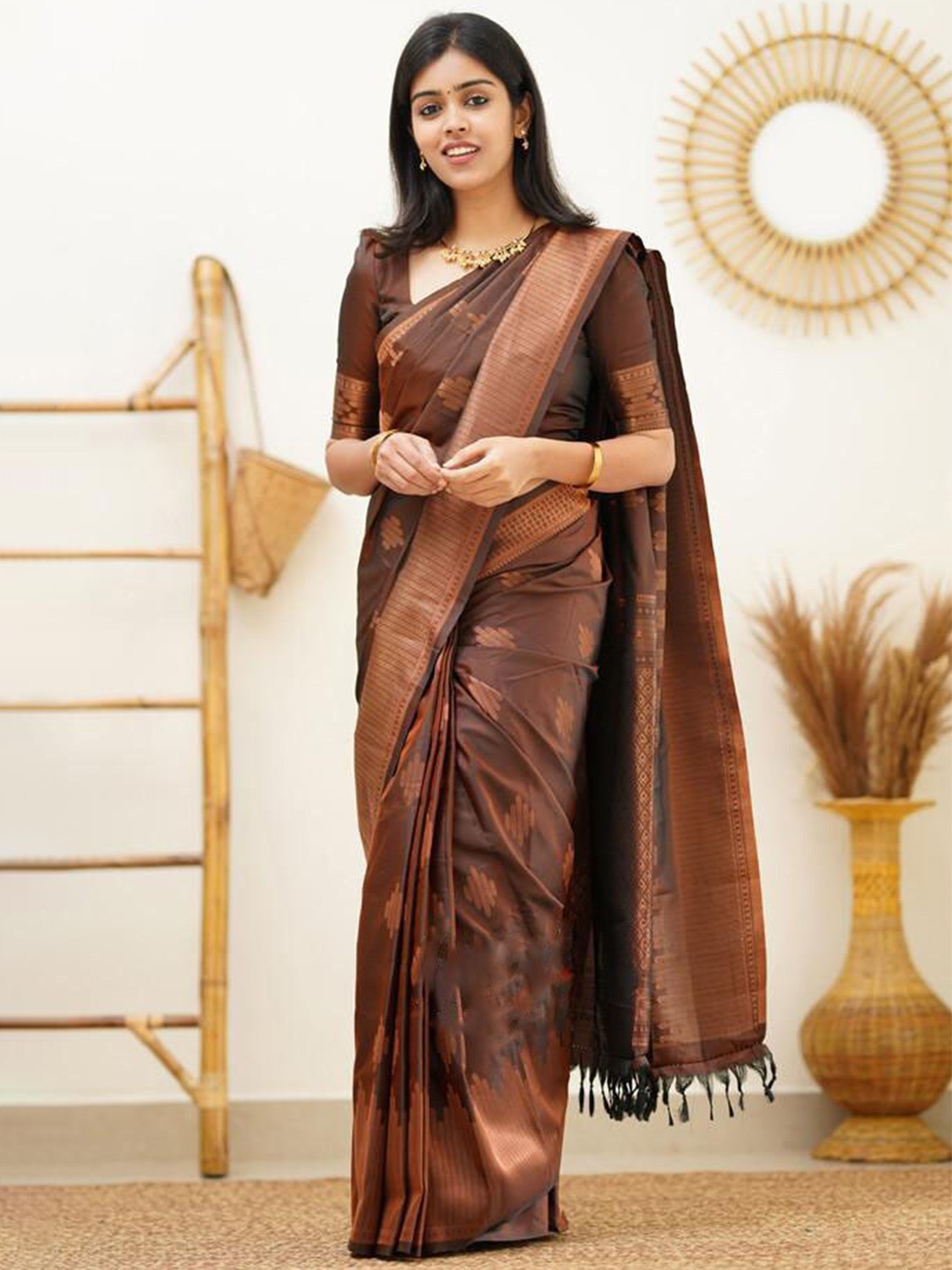 

Fab Viva Woven Design Zari Silk Blend Banarasi Saree, Brown