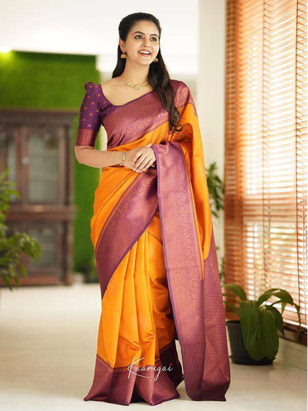 

Fab Viva Ethnic Motifs Zari Silk Blend Designer Banarasi Saree, Yellow