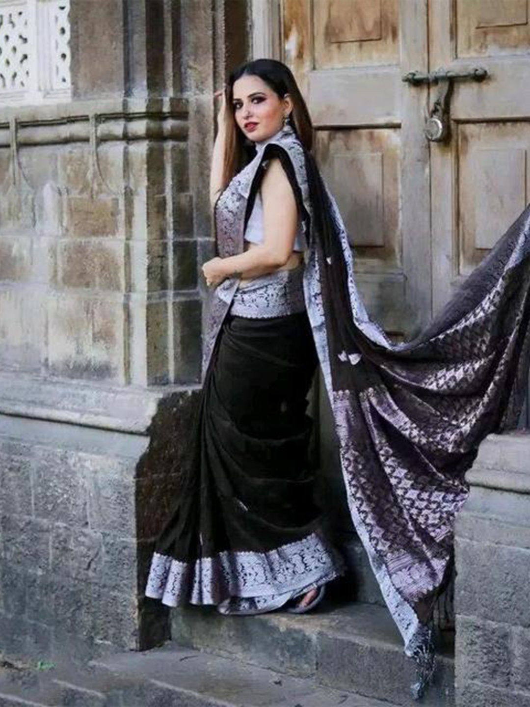 

Fab Viva Ethnic Motifs Woven Design Zari Banarasi Saree, Black