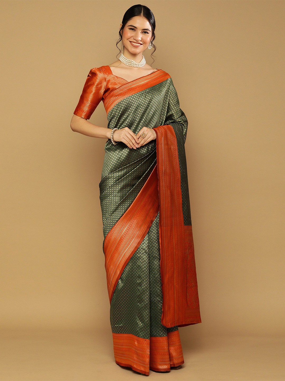 

Fab Viva Ethnic Motif Woven Design Zari Banarasi Saree, Green