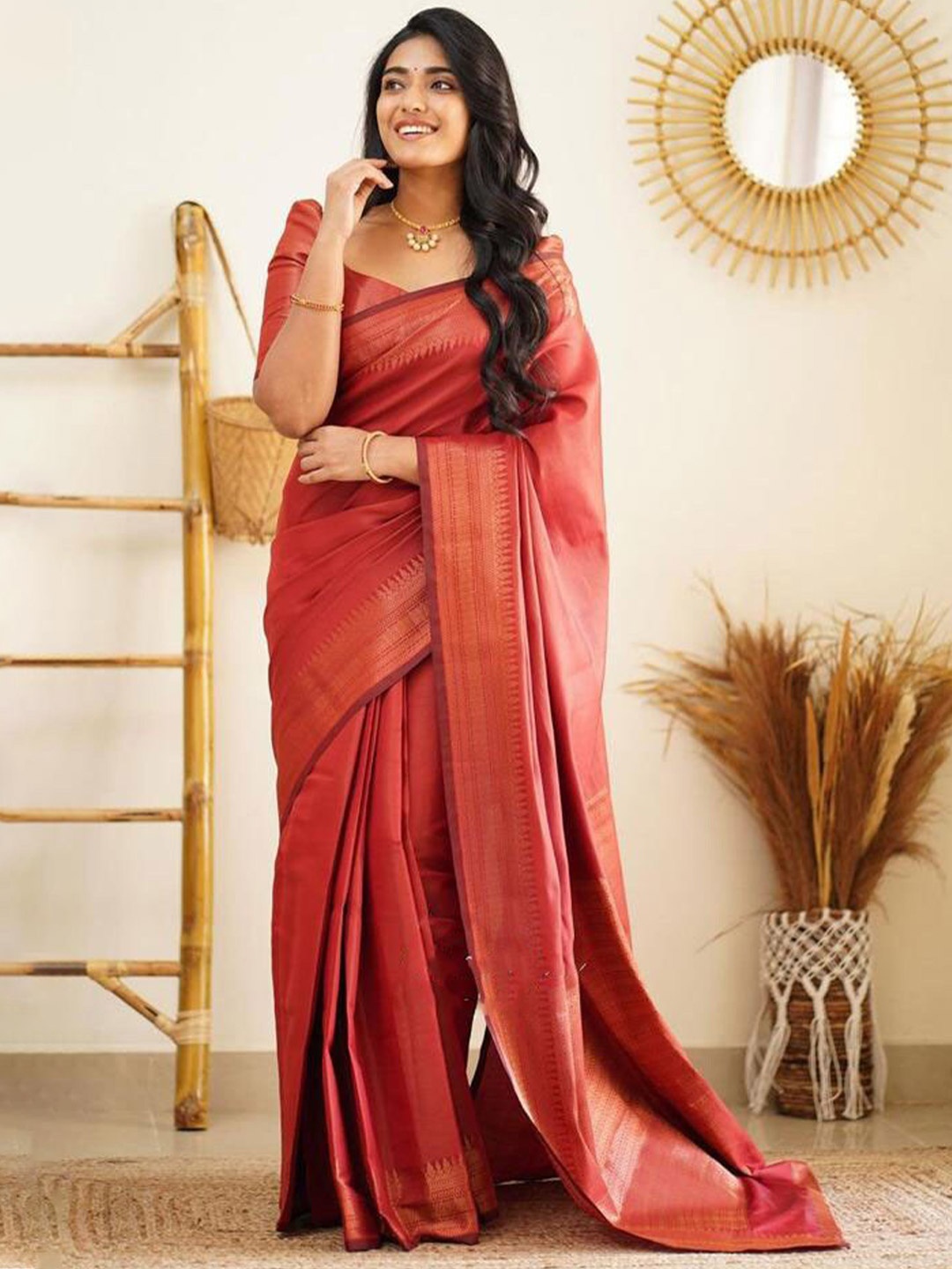 

Fab Viva Woven Design Zari Silk Blend Banarasi Saree, Red