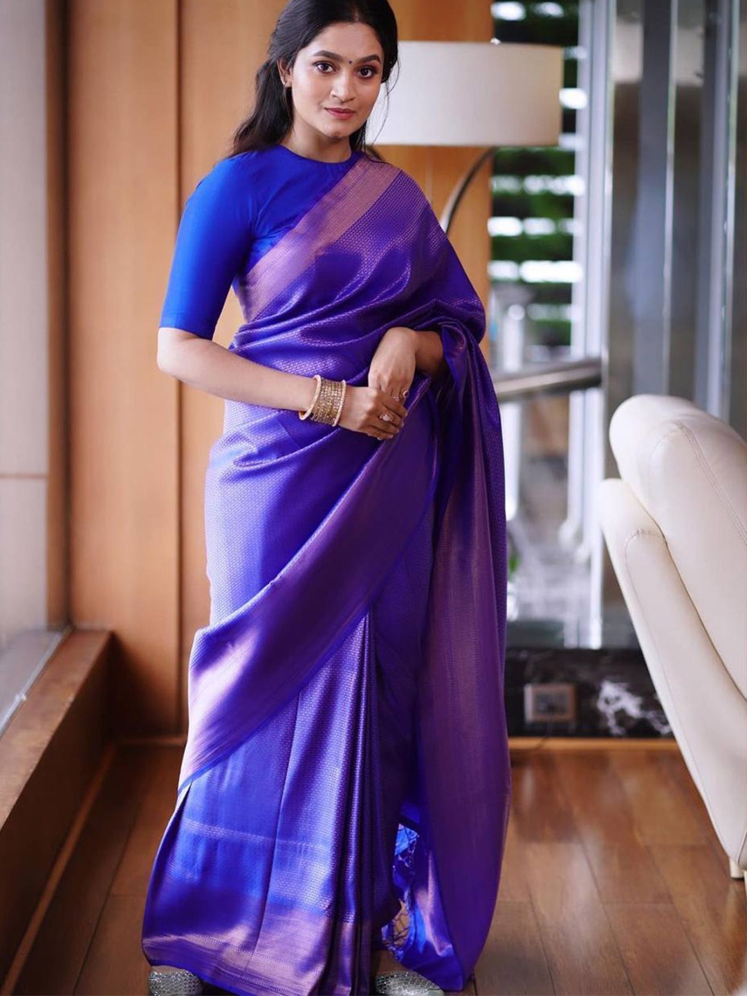 

Fab Viva Zari Silk Blend Banarasi Saree, Blue