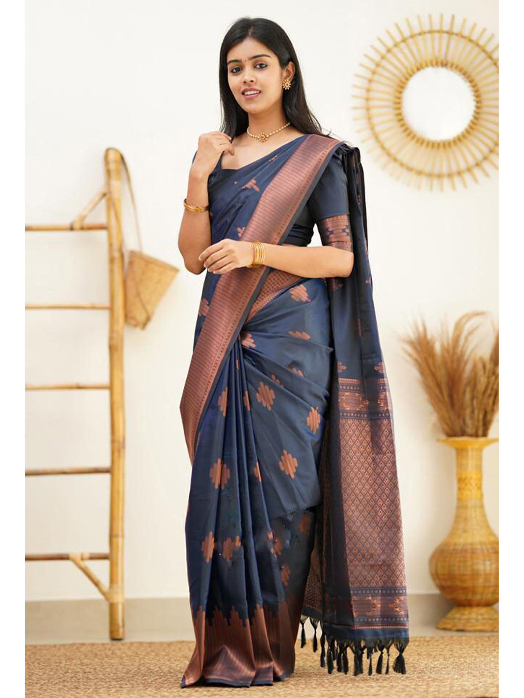 

Fab Viva Ethnic Motif Woven Design Zari Banarasi Saree, Navy blue