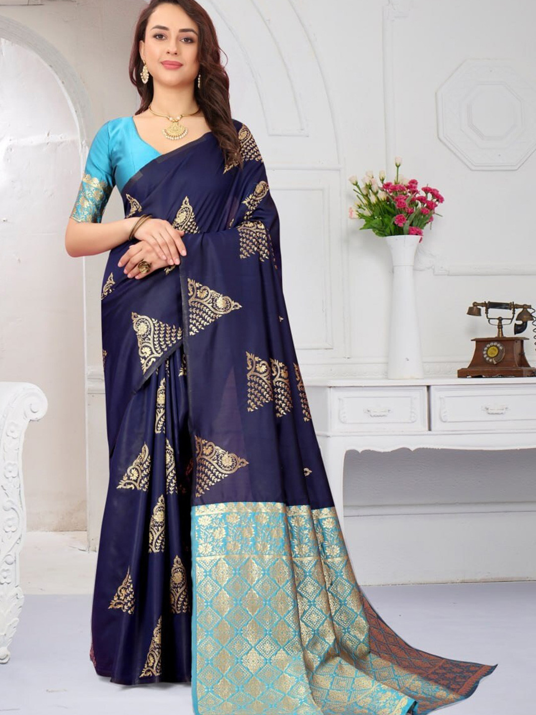

Fab Viva Woven Design Zari Banarasi Saree, Navy blue