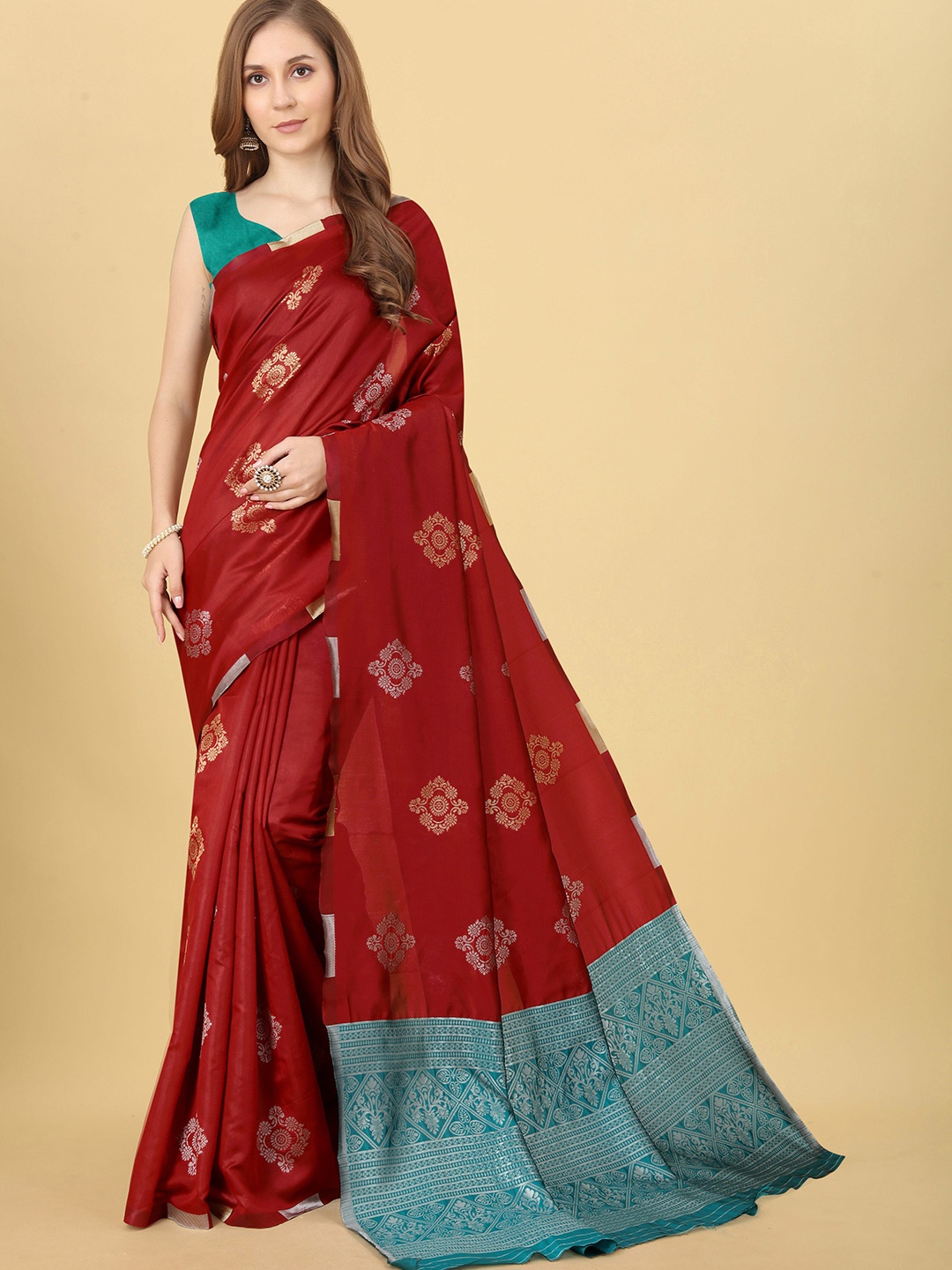 

Fab Viva Ethnic Motifs Woven Design Zari Banarasi Saree, Red