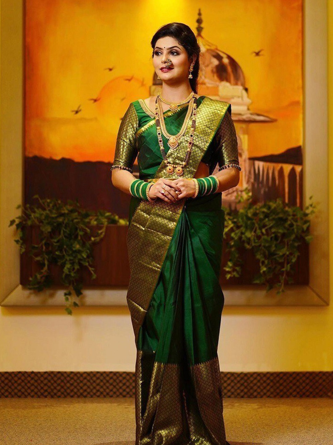 

Fab Viva Zari Silk Blend Banarasi Saree, Green