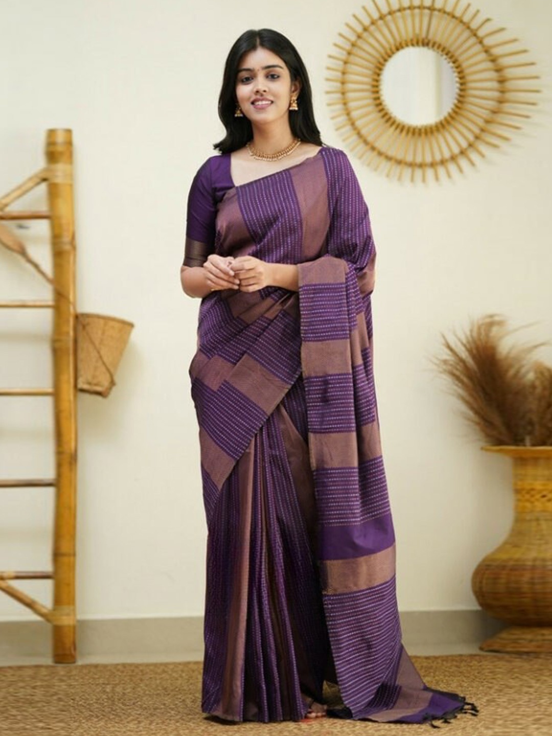

Fab Viva Woven Design Silk Blend Banarasi Saree, Purple