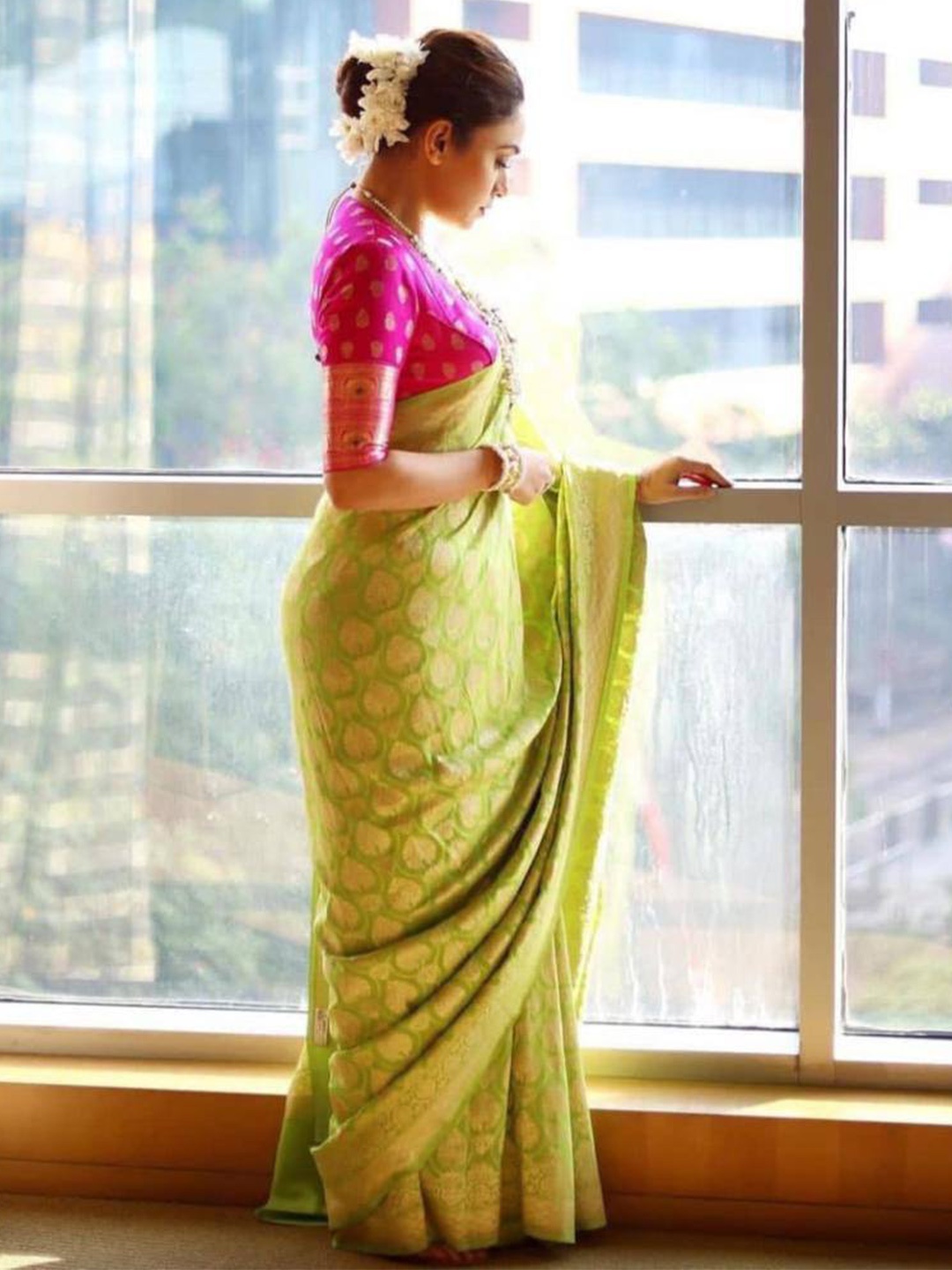 

Fab Viva Ethnic Motifs Woven Design Zari Banarasi Saree, Lime green