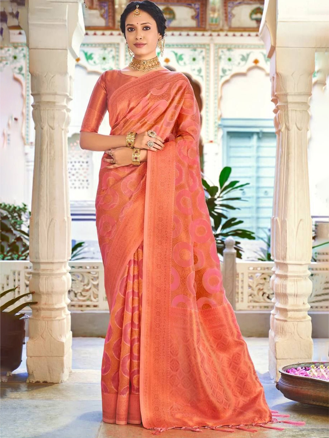 

Fab Viva Woven Design Zari Silk Blend Banarasi Saree, Peach