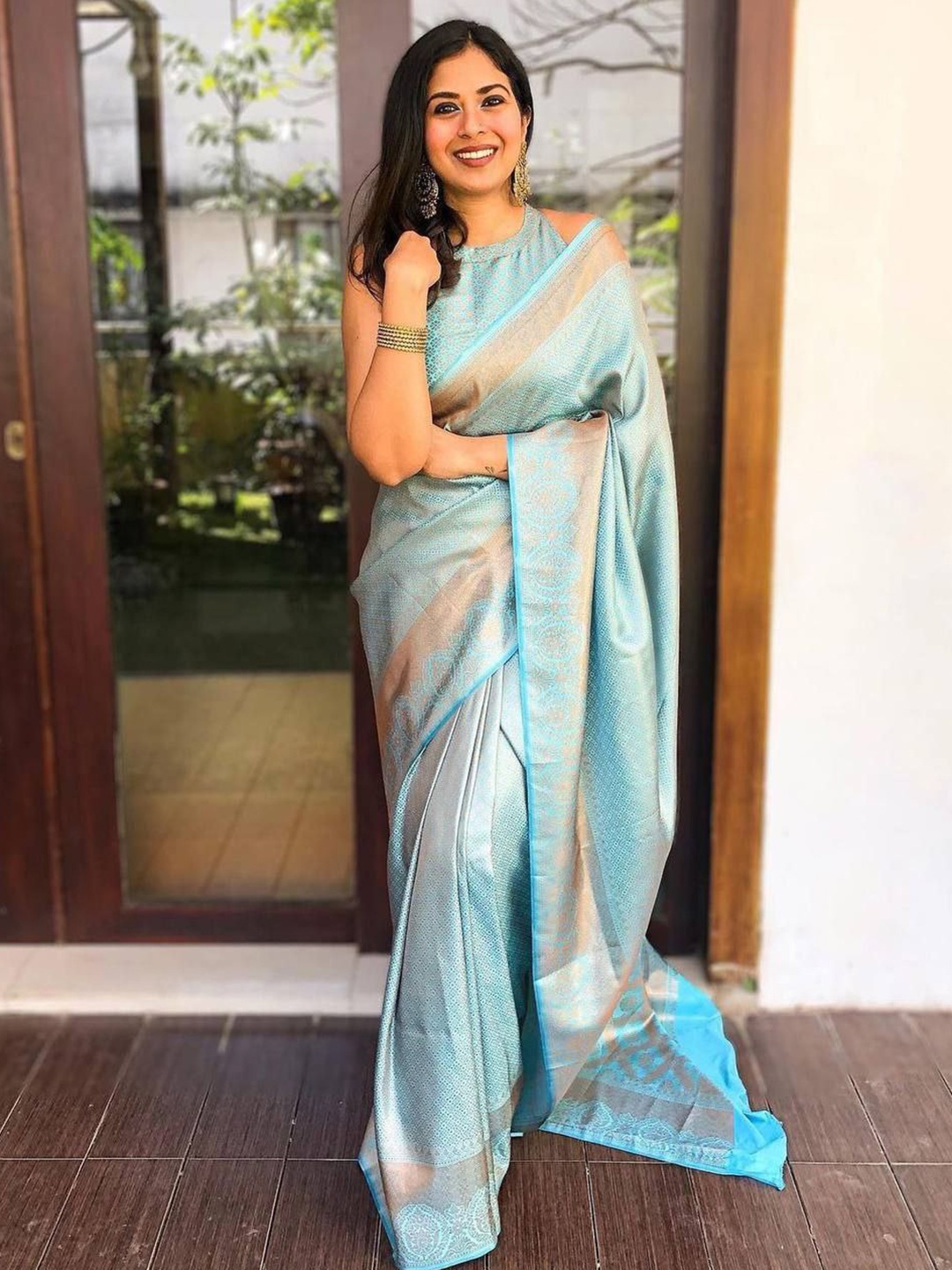 

Fab Viva Woven Design Zari Silk Blend Banarasi Saree, Blue