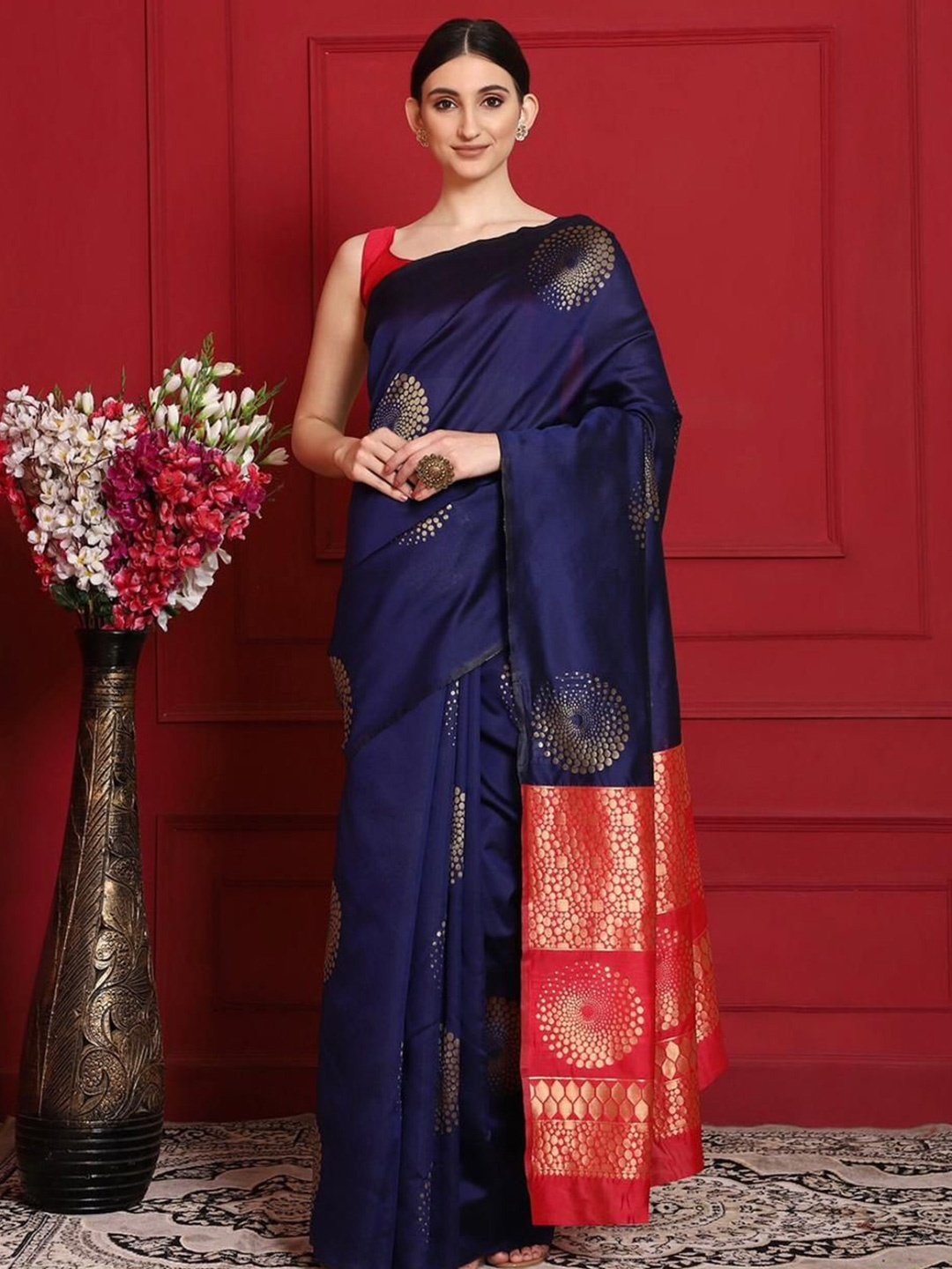 

Fab Viva Ethnic Motifs Woven Design Zari Banarasi Saree, Navy blue