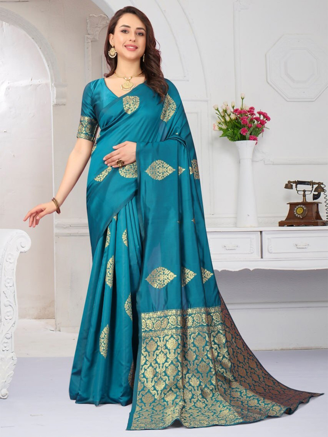 

Fab Viva Ethnic Motifs Woven Design Zari Banarasi Saree, Blue
