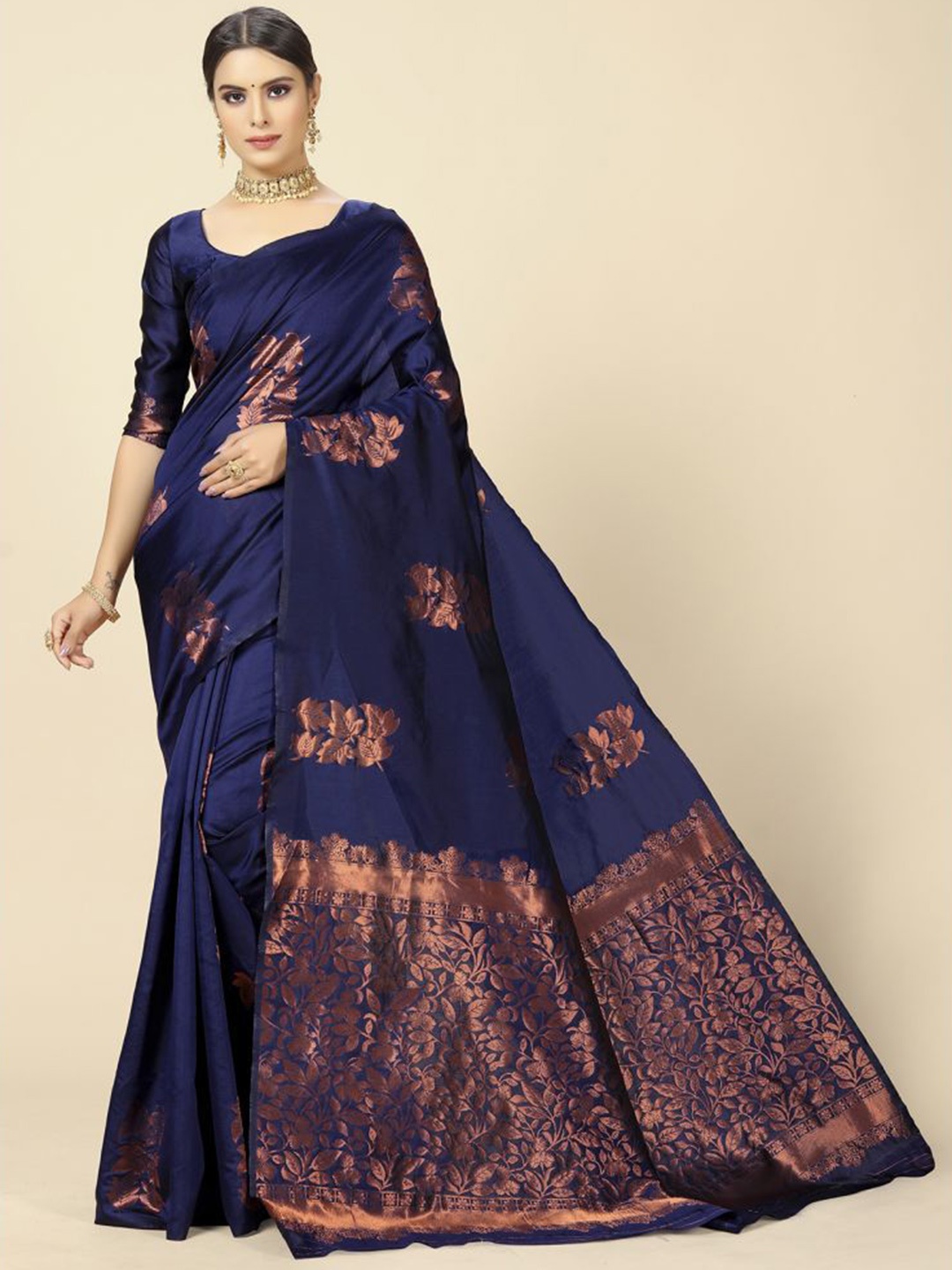 

Fab Viva Floral Woven Design Zari Banarasi Saree, Navy blue