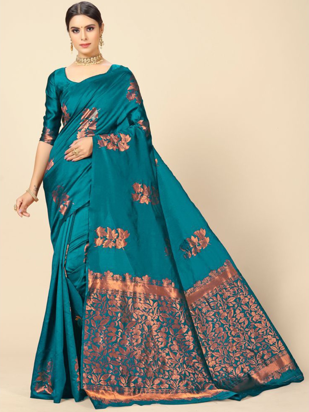 

Fab Viva Floral Woven Design Zari Banarasi Saree, Blue