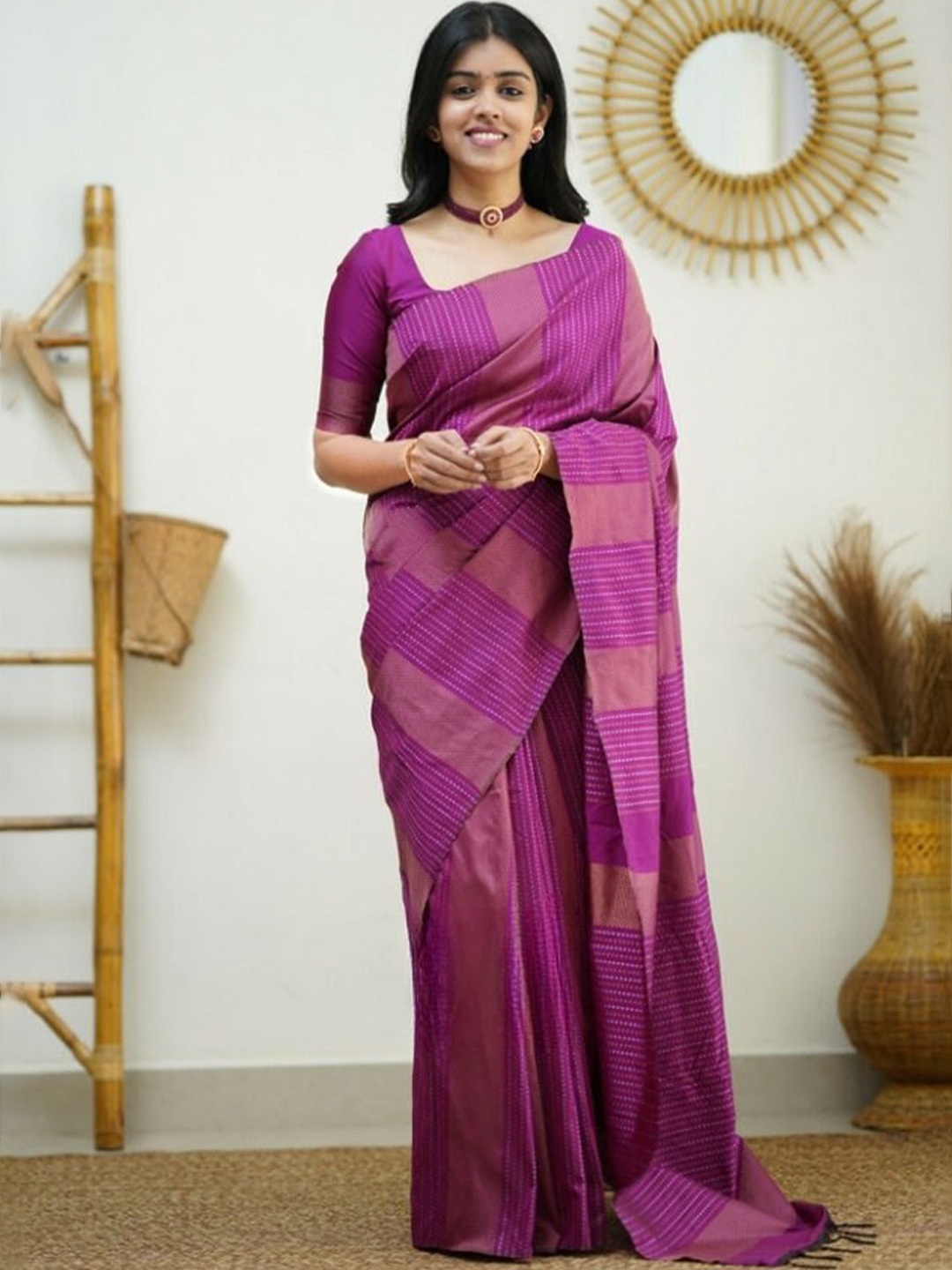 

Fab Viva Striped Woven Design Zari Banarasi Saree, Pink