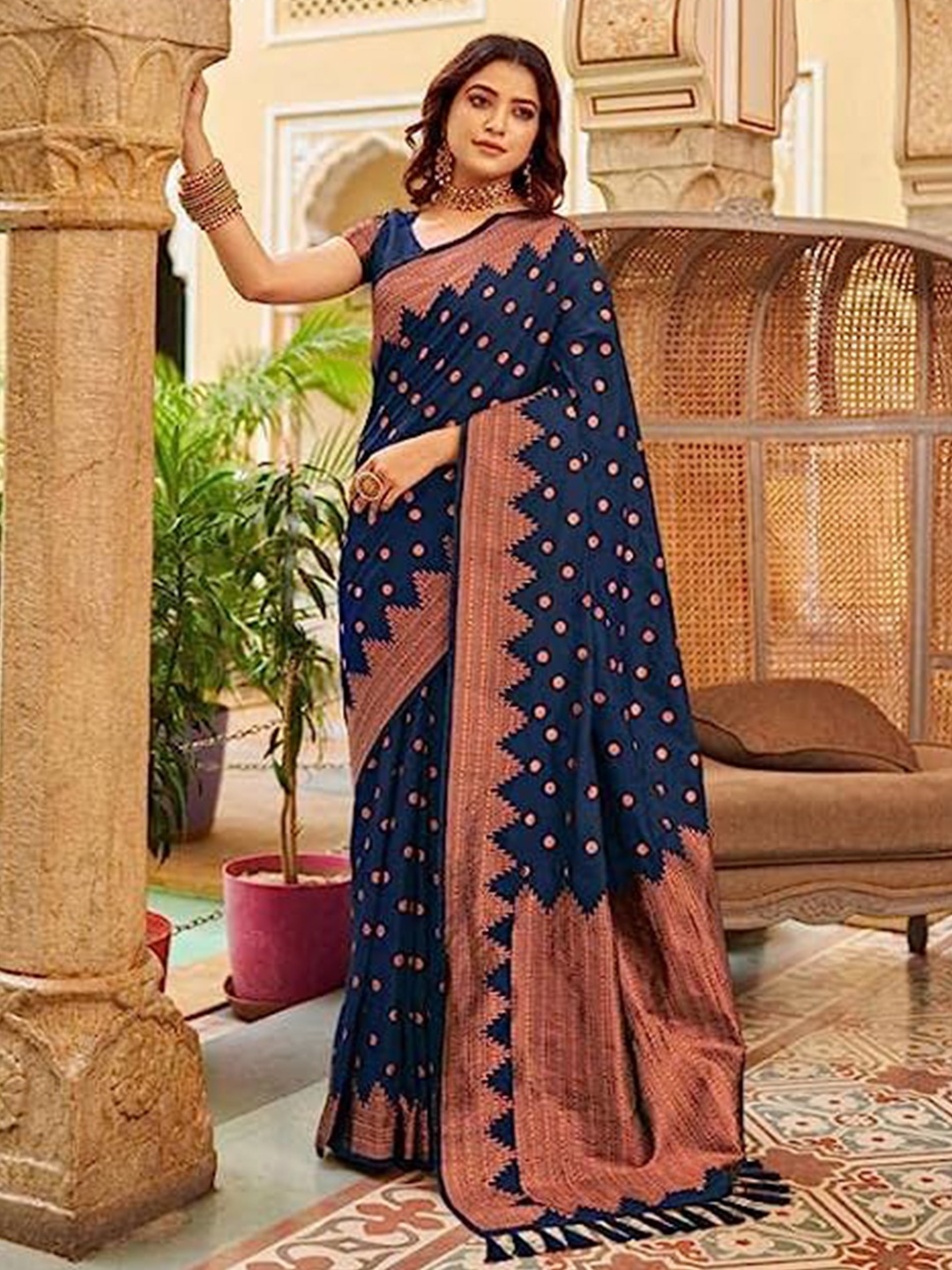 

Fab Viva Polka Dots Woven Design Zari Banarasi Saree, Navy blue