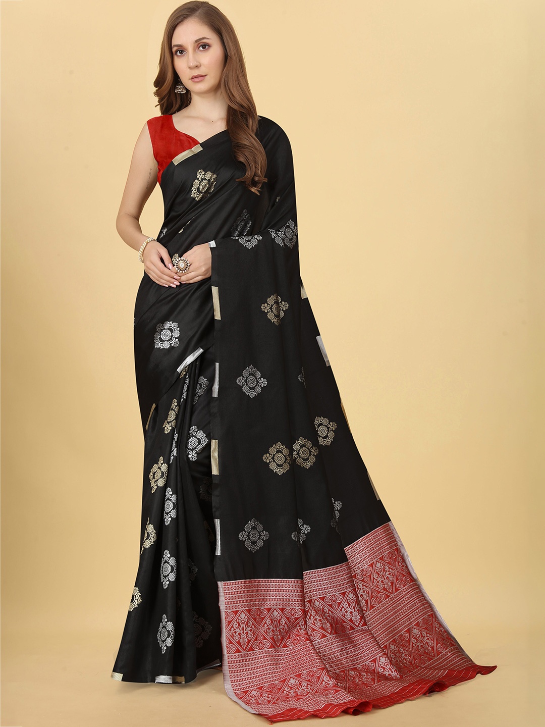 

Fab Viva Ethnic Motifs Woven Design Zari Banarasi Saree, Black