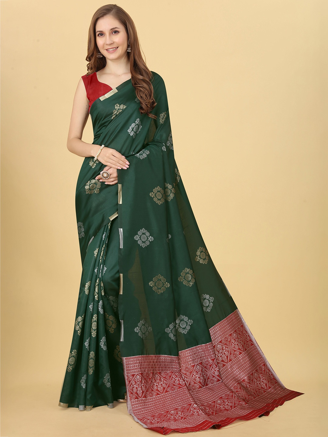 

Fab Viva Ethnic Motif Woven Design Zari Banarasi Saree, Green