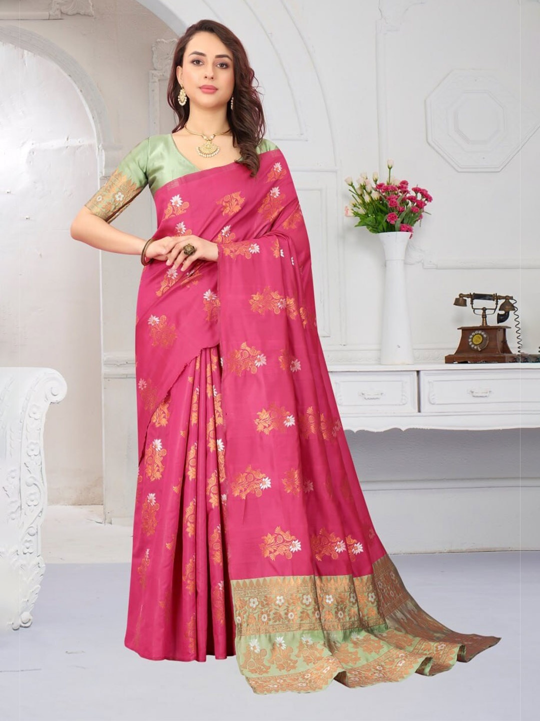 

Fab Viva Ethnic Motifs Woven Design Zari Banarasi Saree, Pink