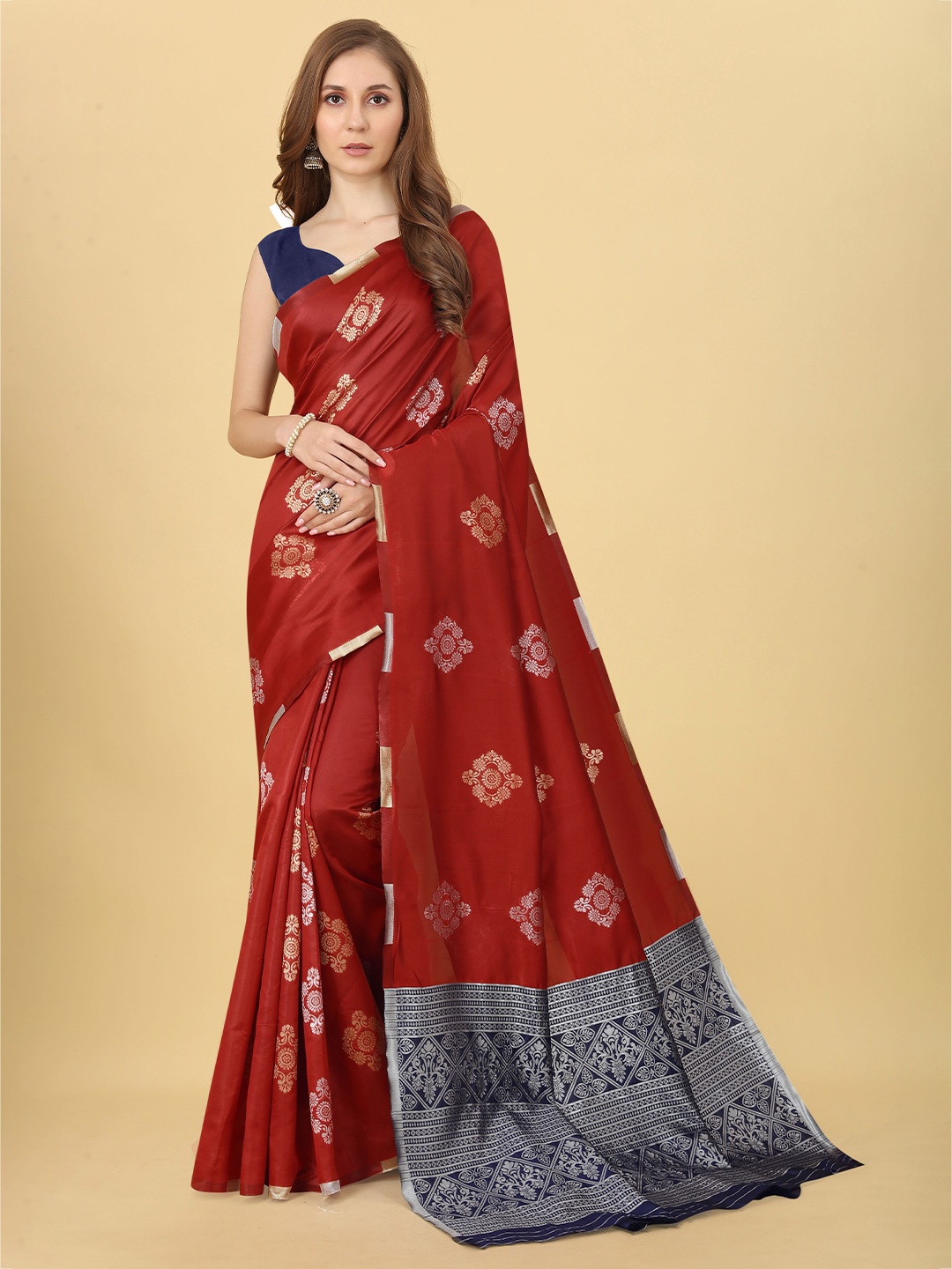 

Fab Viva Ethnic Motifs Woven Design Zari Banarasi Saree, Red