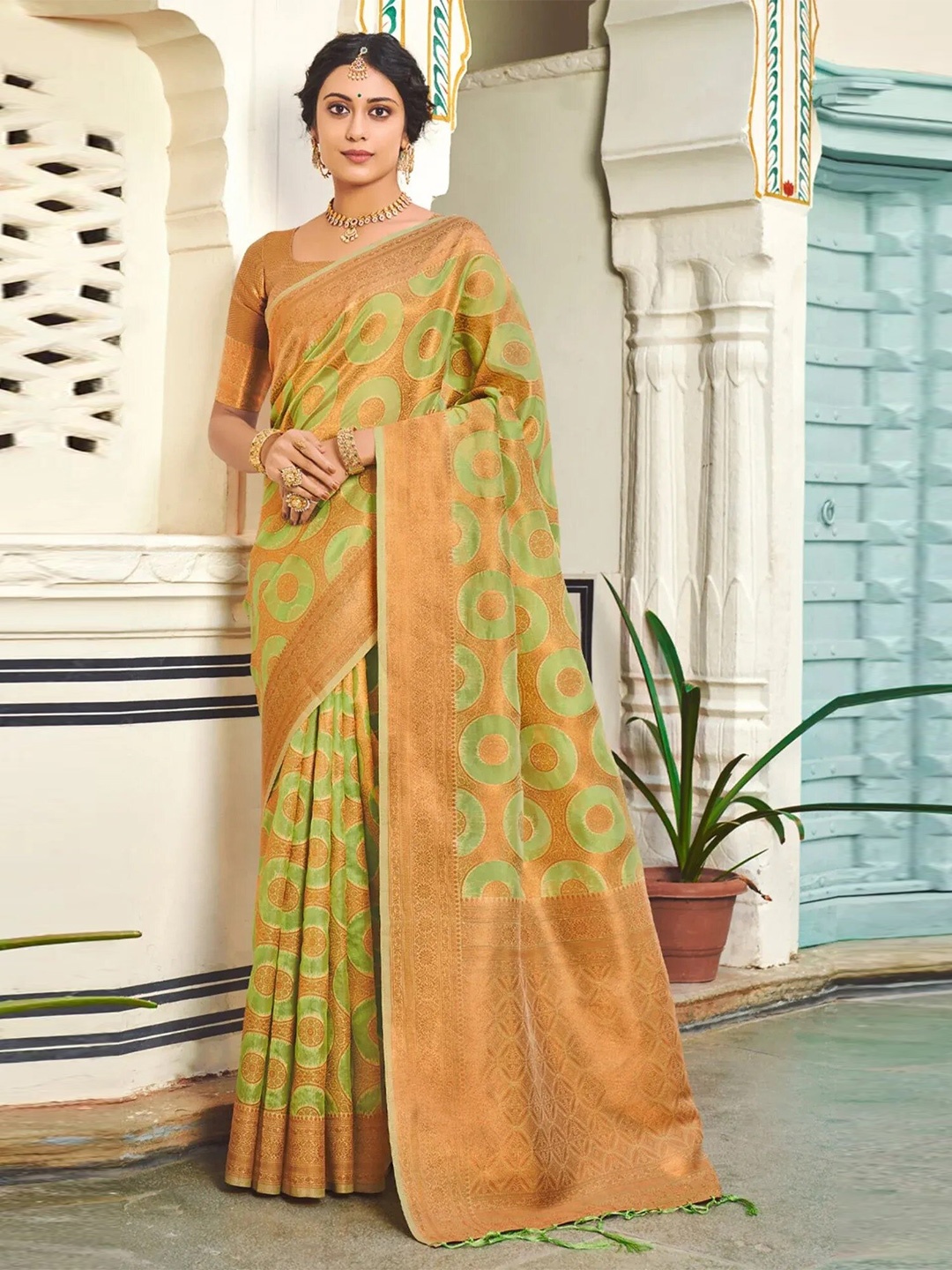 

Fab Viva Ethnic Motifs Woven Design Zari Banarasi Saree, Green