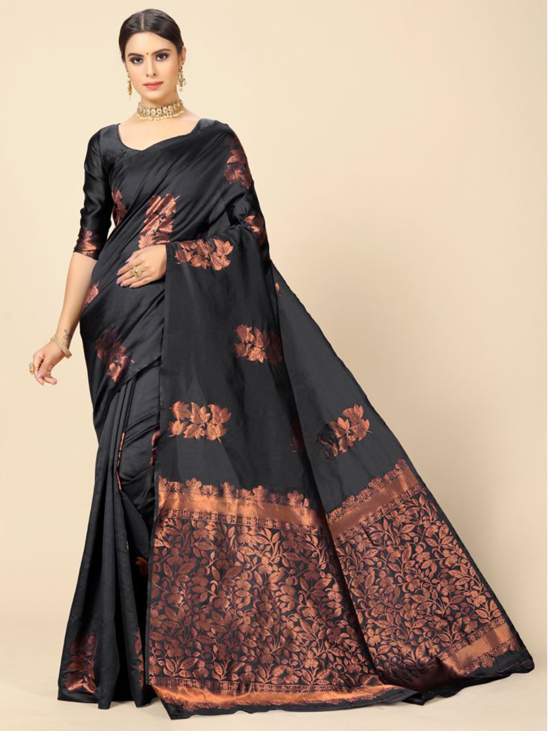 

Fab Viva Woven Design Zari Silk Blend Banarasi Saree, Black