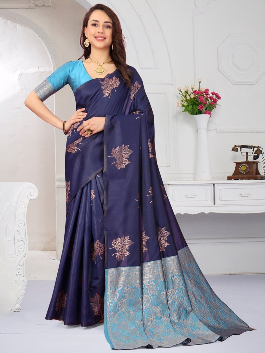

Fab Viva Woven Design Zari Silk Blend Banarasi Saree, Navy blue