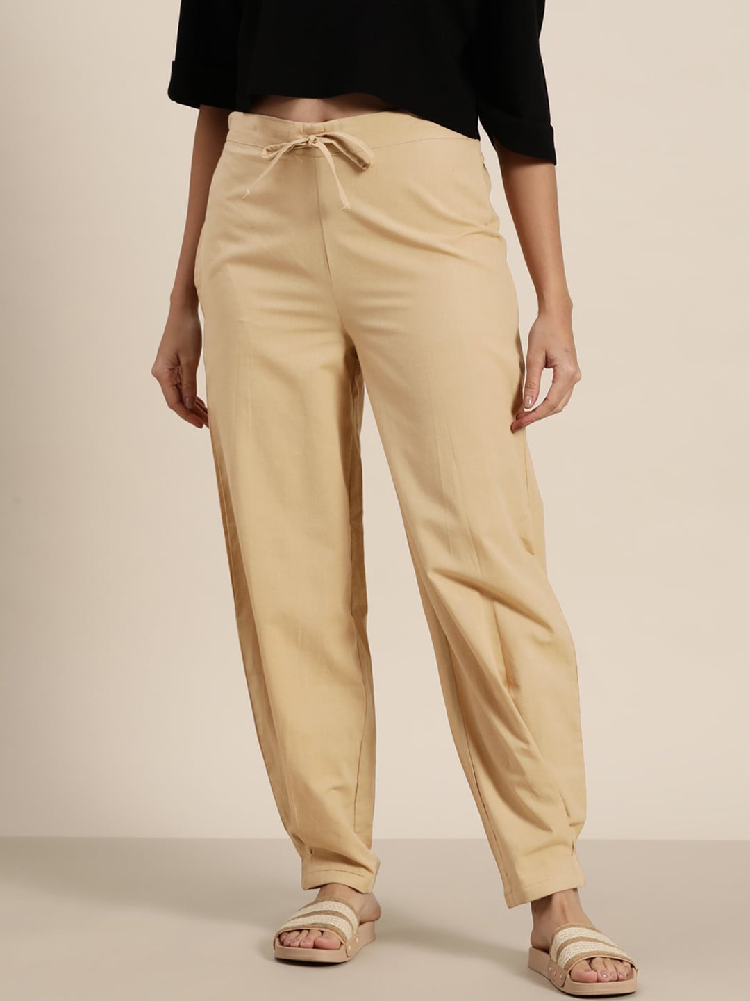

MBeautiful Women Beige Mid-Rise Cotton Trousers
