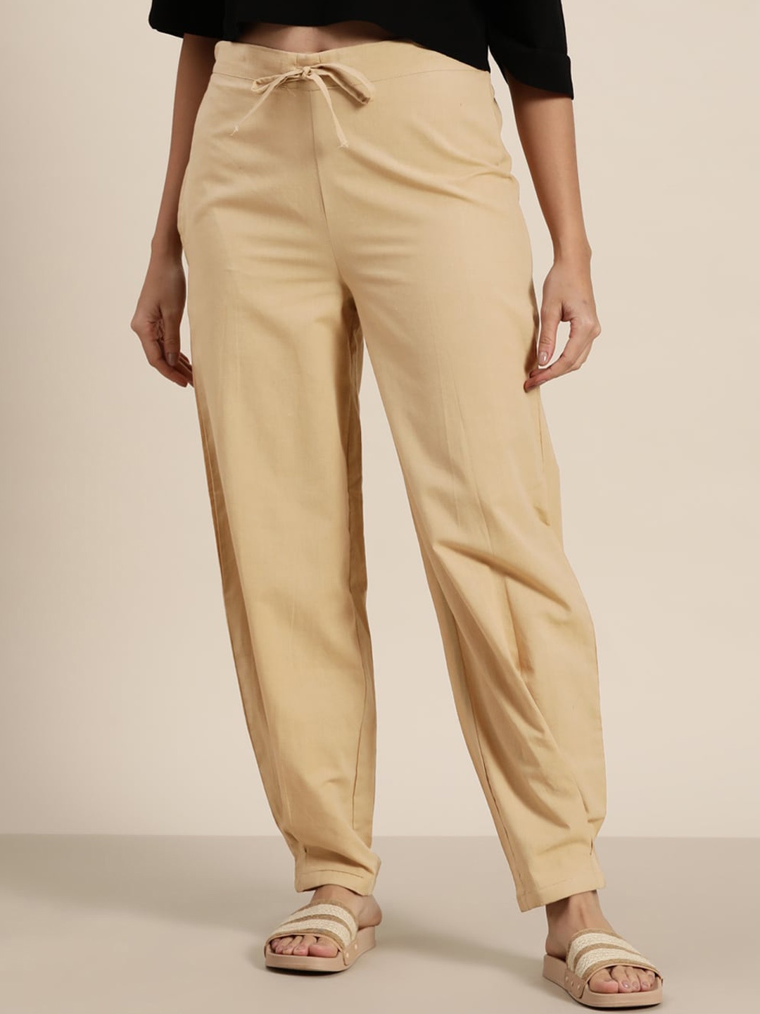 

MBeautiful Women Beige Mid-Rise Cotton Trousers