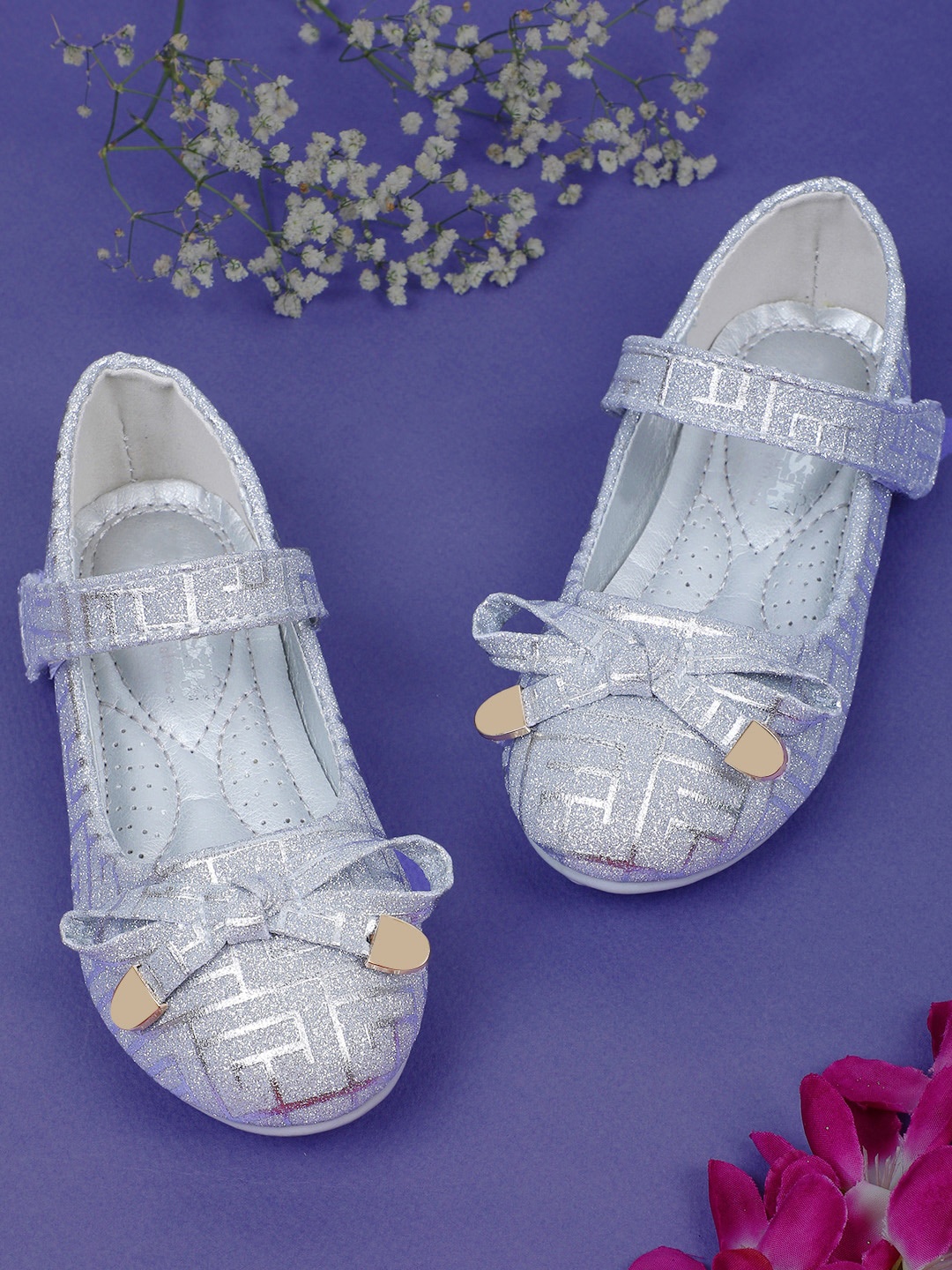 

Baby Moo Girls Embellished Textured Party Ballerinas With Bows, Silver