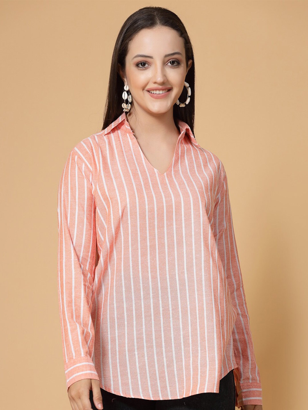 

KALINI Vertical Striped Shirt Collar Cuffed Sleeves Cotton Top, Orange