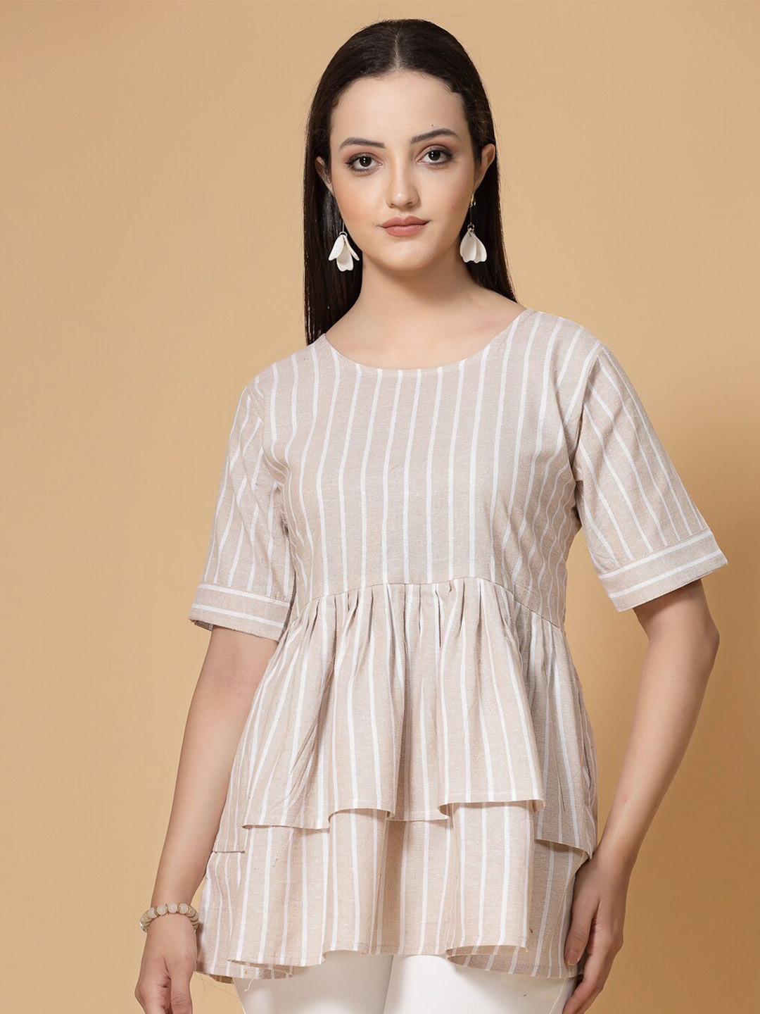 

KALINI Vertical Striped Layered Detail Cotton A-Line Top, Cream