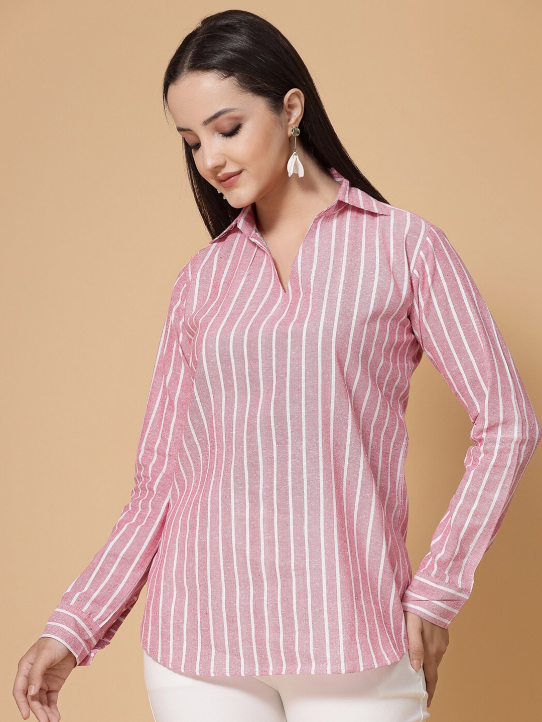 

KALINI Red Striped Shirt Collar Cotton Shirt Style Top, Pink
